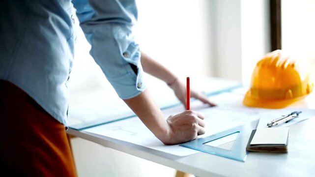 Architect Works with Blueprints standing on a Table. Professional architect working using Ruler and Pencil to make Blueprints on Paper, making notes in new house project, drafting building.