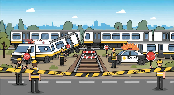 Train crash scene with emergency services and caution tape