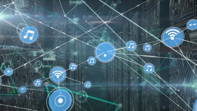 Animation of network of connections with icons over computer servers
