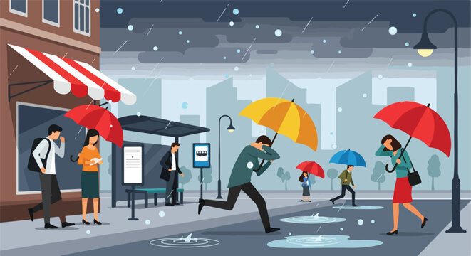 People with umbrellas at a bus stop on a rainy day in a city