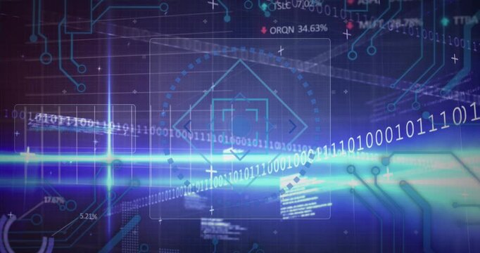 Animation of round scanner, stock market data processing and microprocessor connections