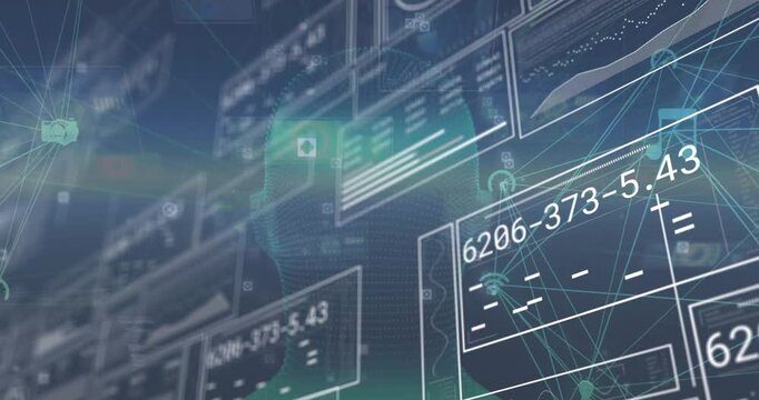 Animation of changing numbers, graphs, loading bars over connected dots forming globe and human face