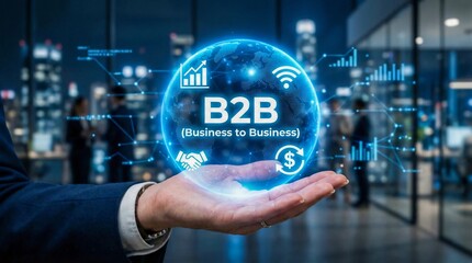 Fototapeta premium B2B Hologram Sphere, Business Innovation, AI Data Network, Finance Tech
