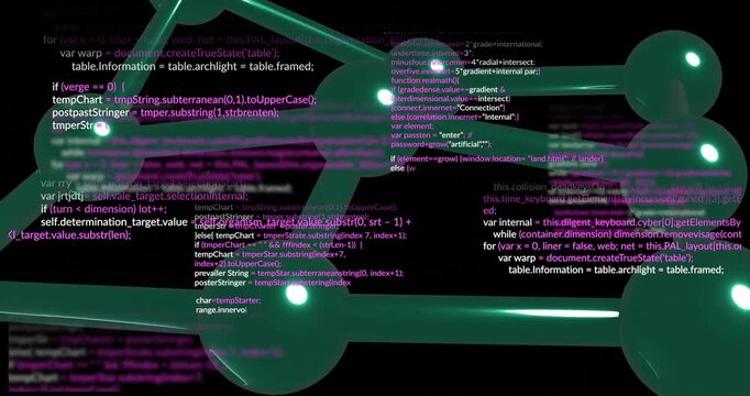 Programming code and data processing animation over abstract green shapes on black background