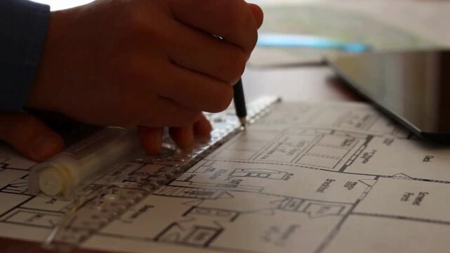 Architect in the workplace drawing blueprint of new construction plan project, closeup. Professional architect working in new project, blueprint plan, drafting building.