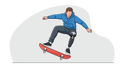 Fototapeta premium A person with a prosthetic leg performs a skateboarding trick on a red board