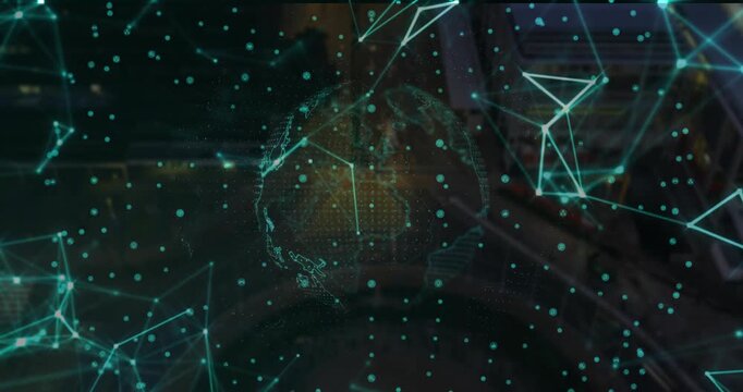 Dark opening, holographic globe emerging, rotating with pulsing nodes linking network lines