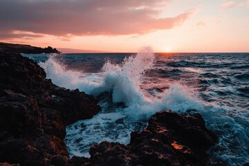 Fototapeta premium Rolling waves crashing on rocky coastline during colorful sunset with dramatic clouds and vibrant ocean water creating powerful and serene natural scene