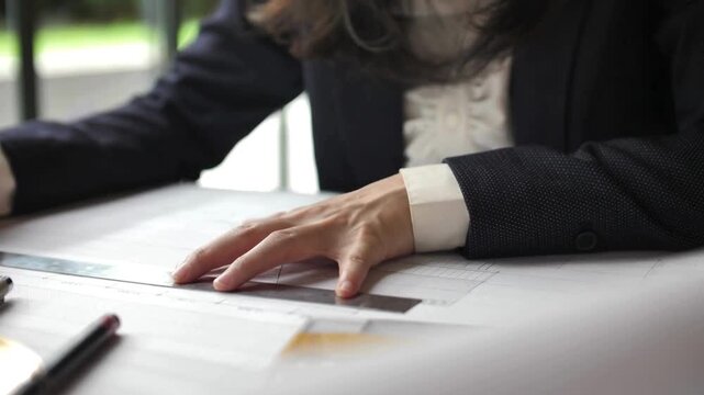 Woman architect working on drawing table. Female engineer or Architect working on blueprint. shot of young female architect drawing construction plan on paper while working in office.