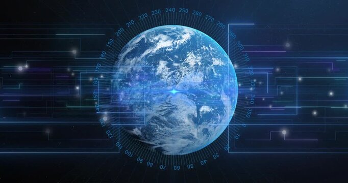 On start initiating earth rotating eastward with numeric ring, data lines pulsing showing data flow