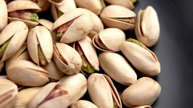 Roasted pistachios in shells scattered on dark surface. Open cracked nuts with green kernels