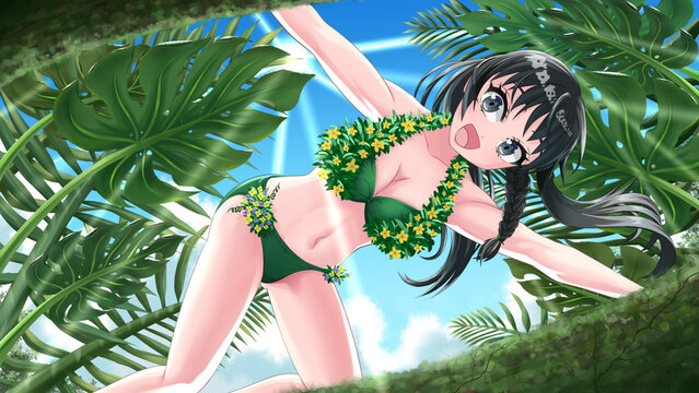 Anime girl in a green bikini crawling on a mossy fallen log in a summer jungle and looking at the camera with a healthy smile.