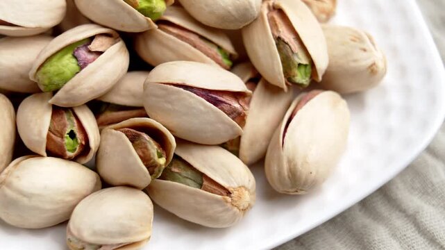 Roasted organic pistachios in shells served on white plate. Close up view of cracked nuts with green kernels. Healthy snack