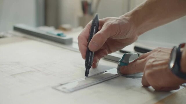 Architect in the workplace drawing blueprint of new construction plan project, closeup. Professional architect working in new project, blueprint plan, drafting building.