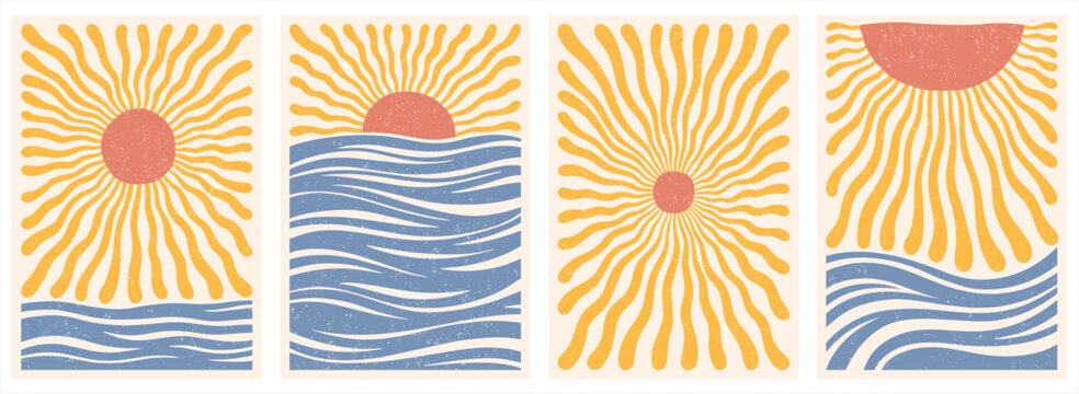 Sun shapes sunset sunrise, sea ocean waves illustrations. Retro groovy uneven wavy rays sunburst. Summer vacation, travel backgrounds. Water and sun silhouettes, rectangle shapes, border templates set