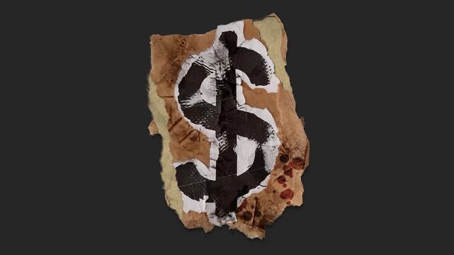 A drag and drop symbol with alpha in a grunge torn creased up paper and card style that folds out in to place with worn aged effects and paper tears.

