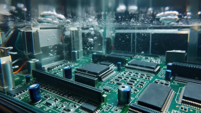 Extreme macro of a printed circuit board submerged in boiling liquid for immersion cooling technology