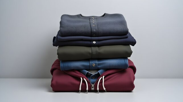 A meticulously organized stack of various casual clothing items, including button-up shirts and a zip-up hoodie, presented on a clean surface