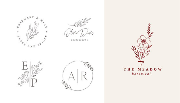 Minimalist vintage botanical logo set with initials monogram and floral line art elements