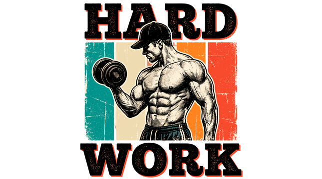 A strong man performing weightlifting and the word hard work on a background 