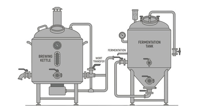 Brewing kettle and fermentation tank, showing the process of beer making. The kettle is marked with brewing kettle and the tank is labeled fermentation tank