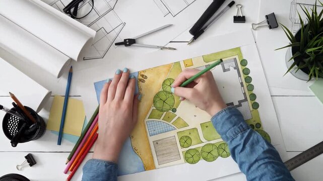 Architect works on building layout, close-up. Designer at table drawing on blueprint or draft design of modern building manufacture. Architect in the drawing blueprint of construction plan project.