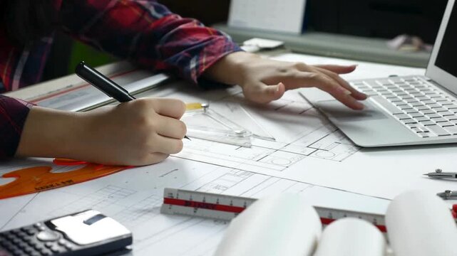 Close up of architect woman working on a new project at her desk. View of a female architect draws a building plan and measures the dimensions of the blueprint. Architect, Engineer Concept.