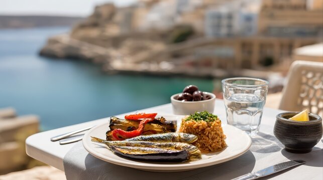 A Mediterranean lunch featuring grilled sardines, rice, and vegetables by the sea. The fresh seafood plate is perfect for a healthy, coastal dining experience.