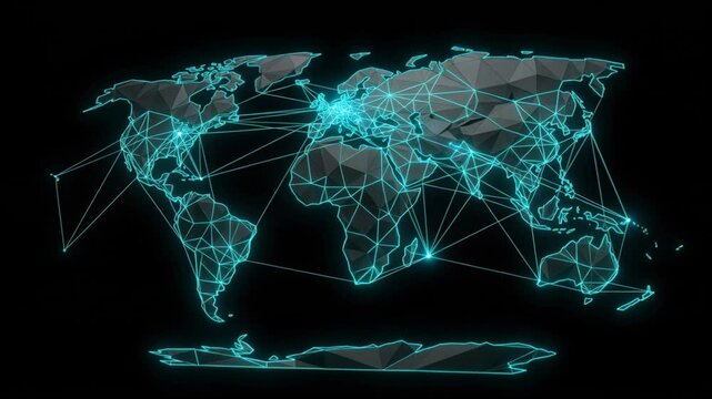 Neon network world map with polygonal surface and glowing connection lines conveying global digital connectivity, polygonal neon map network