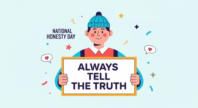 Man holding 'always tell the truth' sign on national honesty day promoting truthfulness and integrity with colorful confetti