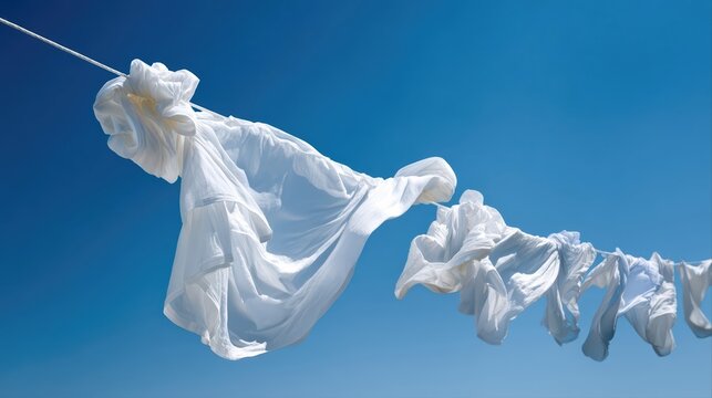 White linens billow gracefully on a clothesline under a clear blue sky. Breezy laundry day scene highlights freshness, cleanliness, and airy movement.