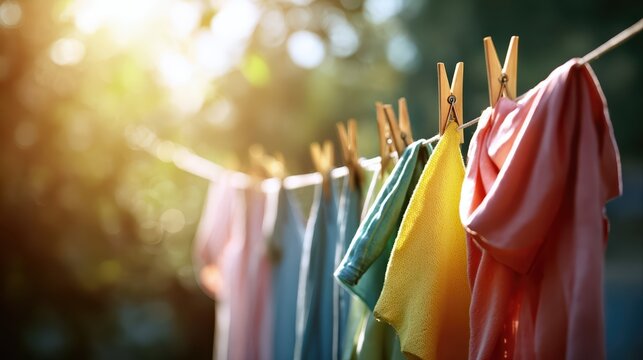 Brightly colored clothes hang on a sunlit clothesline outdoors. The sunlight enhances the fresh, clean feeling of laundry drying naturally in nature.