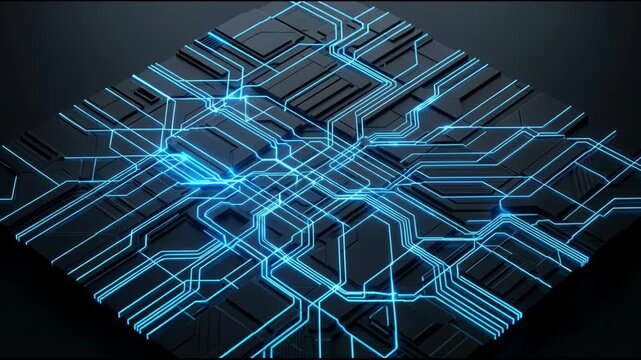 Futuristic circuit board with glowing blue traces and geometric pads forming digital network glowing blue circuit traces crossing dark board with