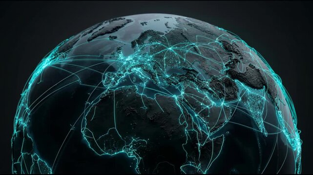 Glowing network connections trace global data routes across dark textured earth and globe, neon lines link cities, continents, coastline dynamic