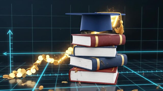 Graduation cap on a stack of books with a rising graph of golden coins, symbolizing education, investment, and financial growth.