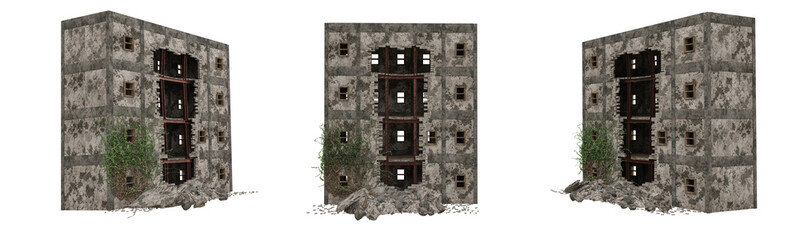 Abandoned buildings damaged by war or natural disaster. 3D render isolated.