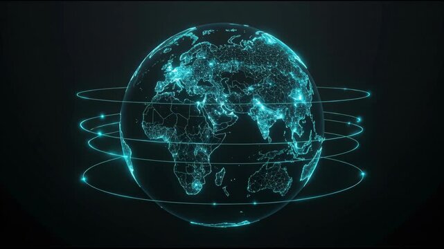 Glowing digital globe earth network highlighting continents city lights neon teal circuitry data rings and nodes conveying global connectivity