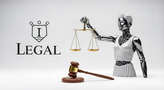 Artificial intelligence law concept female robot lady justice holding golden scales next wooden gavel text legal isolated on white background modern jurisprudence system