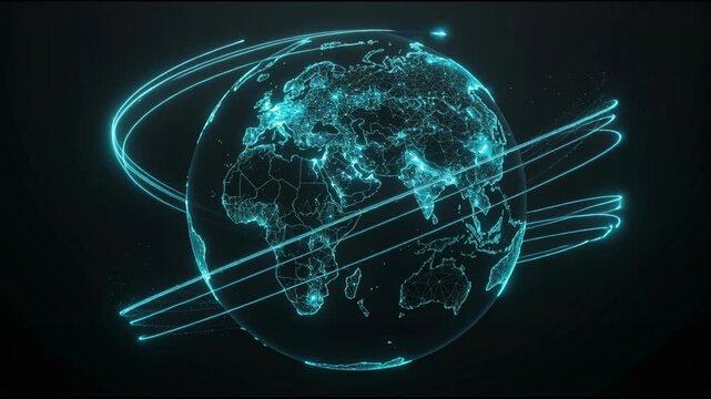 Neon digital globe with luminous network map tracing city connectivity, cyber network lines and glowing city nodes circling planet futuristic neon