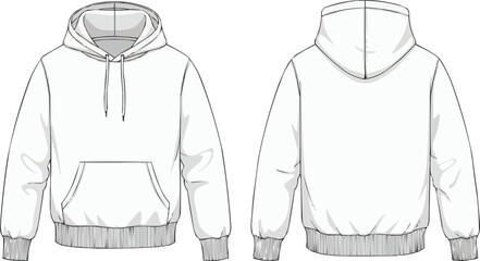 The image shows a technical flat sketch of a white hoodie, presented in both front and back views. Here's a breakdown: © MDABDUL