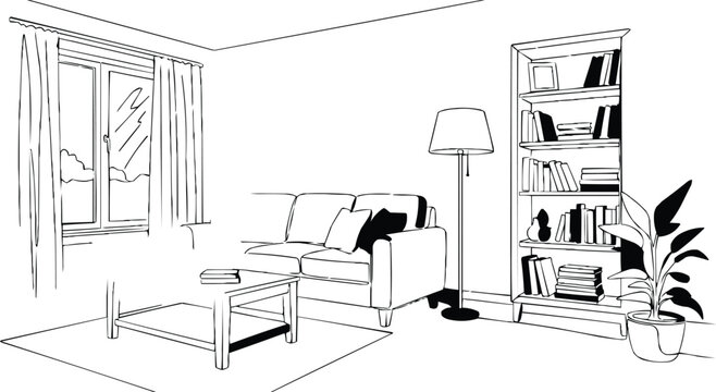 The image is a black and white line drawing of a living room interior. Here's a breakdown of the elements: