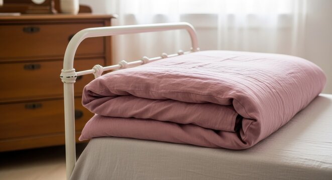 Neatly folded blush pink textured linen duvet laid on a bed