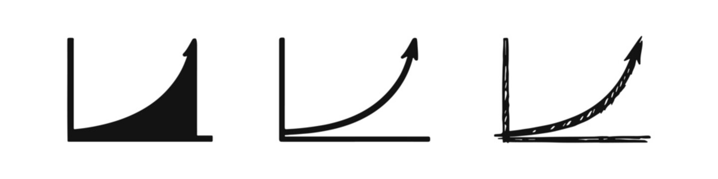 Exponential growth graph with upward arrow in three styles, depicting rapid progress and increasing values.