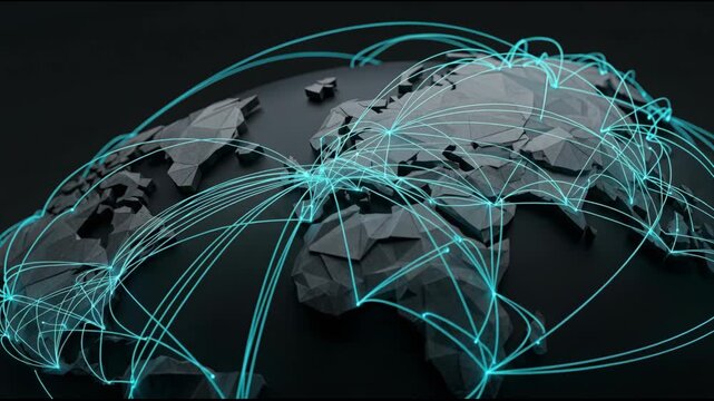 Global network connection map world low poly polygon connecting continents with glowing data paths arcing across stylized world map conveying digital