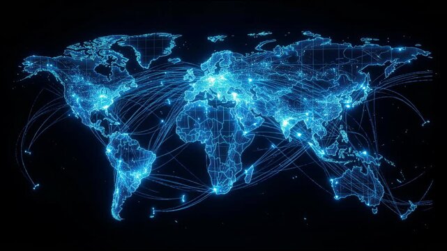 Glowing digital world map network connection data global communication interconnected city nodes and routes conveying technological energy and motion