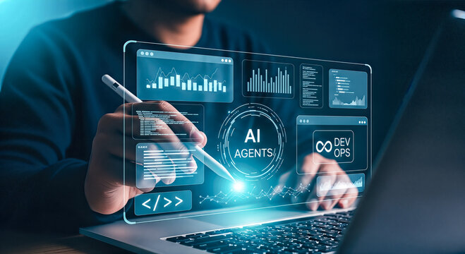 developer using laptop stylus touching virtual screen artificial intelligence ai agents devops software coding digital transformation internet network modern programming tech business concept