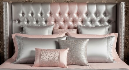 Fototapeta premium Luxurious tufted satin upholstered headboard with crystal buttons and plush pillows