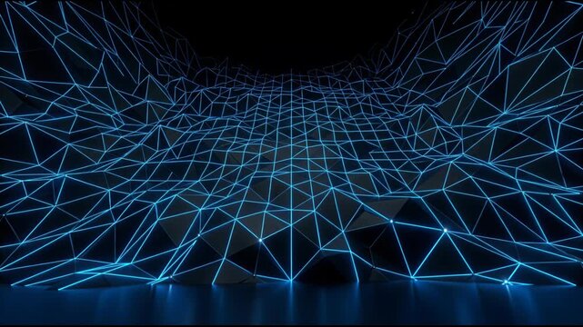Neon blue wireframe terrain and landscape with glowing triangular grid, polygon mesh and digital depth creating futuristic neon blue techno atmosphere