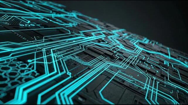 Glowing cyan circuit pathway network dark textured surface evokes futuristic digital technology and glowing cyan circuit pathway connectivity with