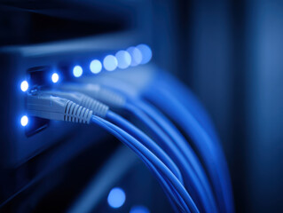 Network cable connection with glowing blue lights in server rack close up